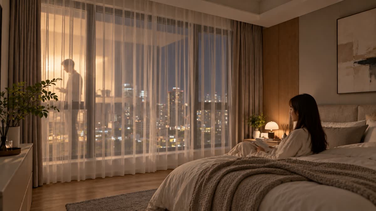 主臥室窗簾白天與夜晚的隱私差異對照